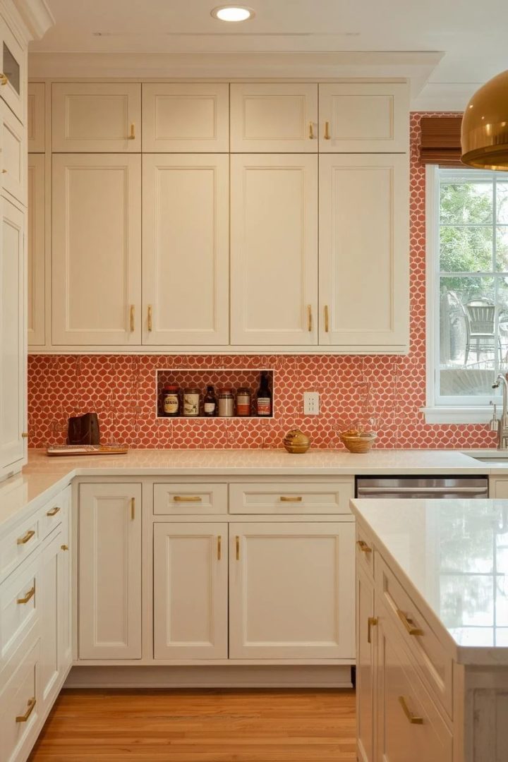 15. Coral and White Arabesque Tile Pattern