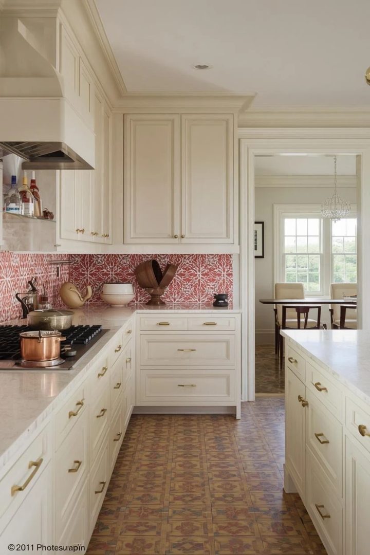 11. Coral Patterned Cement Tiles With White Cabinets