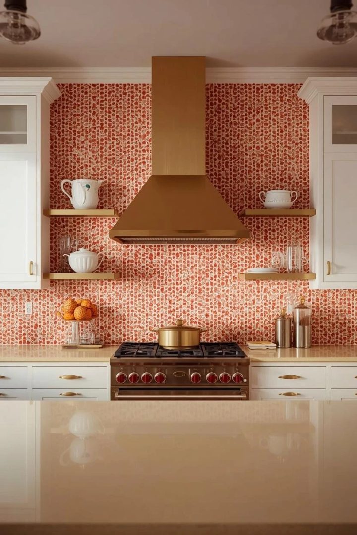 24. Full-Height Coral and White Geometric Tile Wall