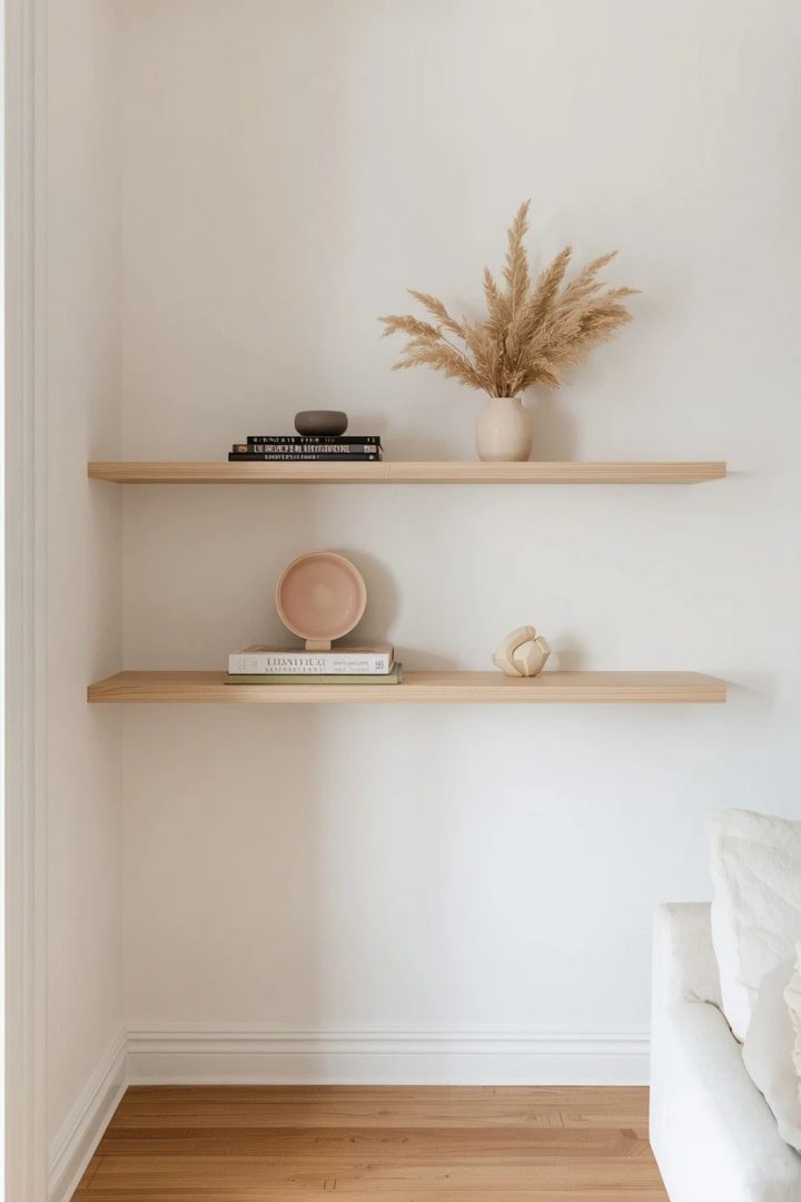 5. Float two cream oak shelves and style them in odd numbers
