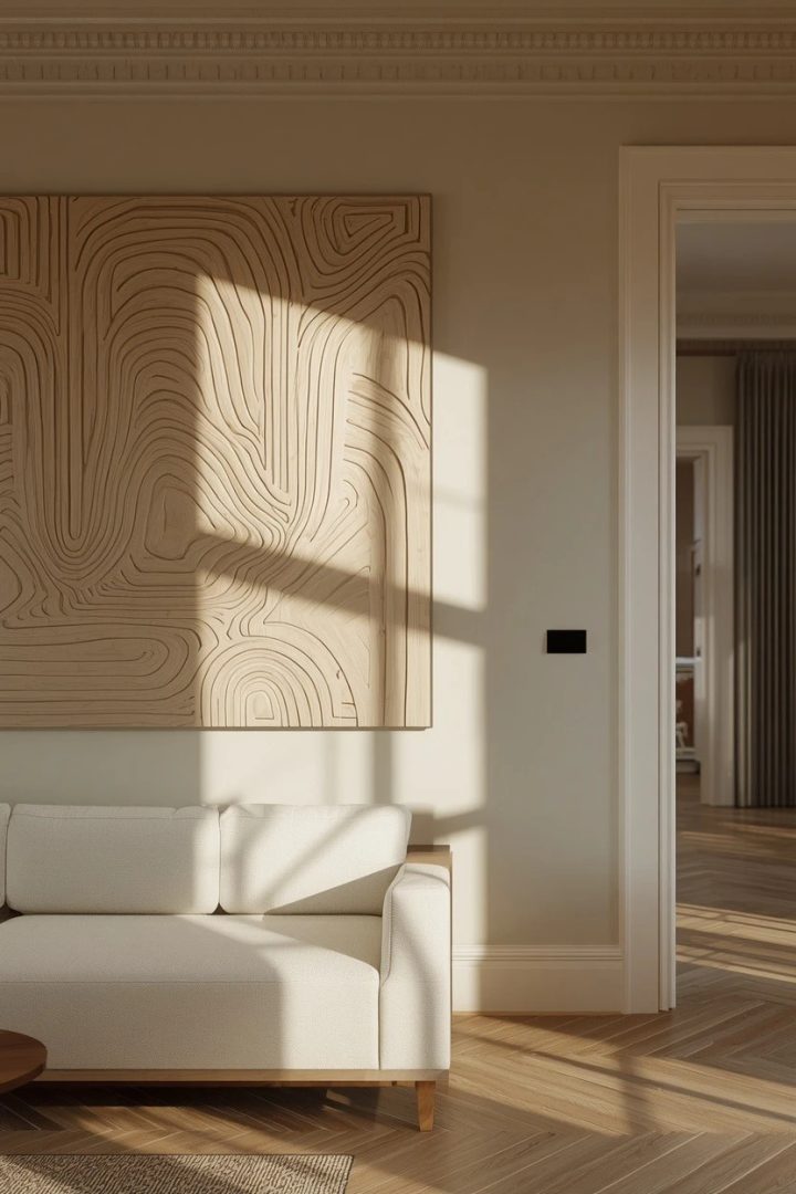 11. Mount a carved wood relief for shadow and warmth