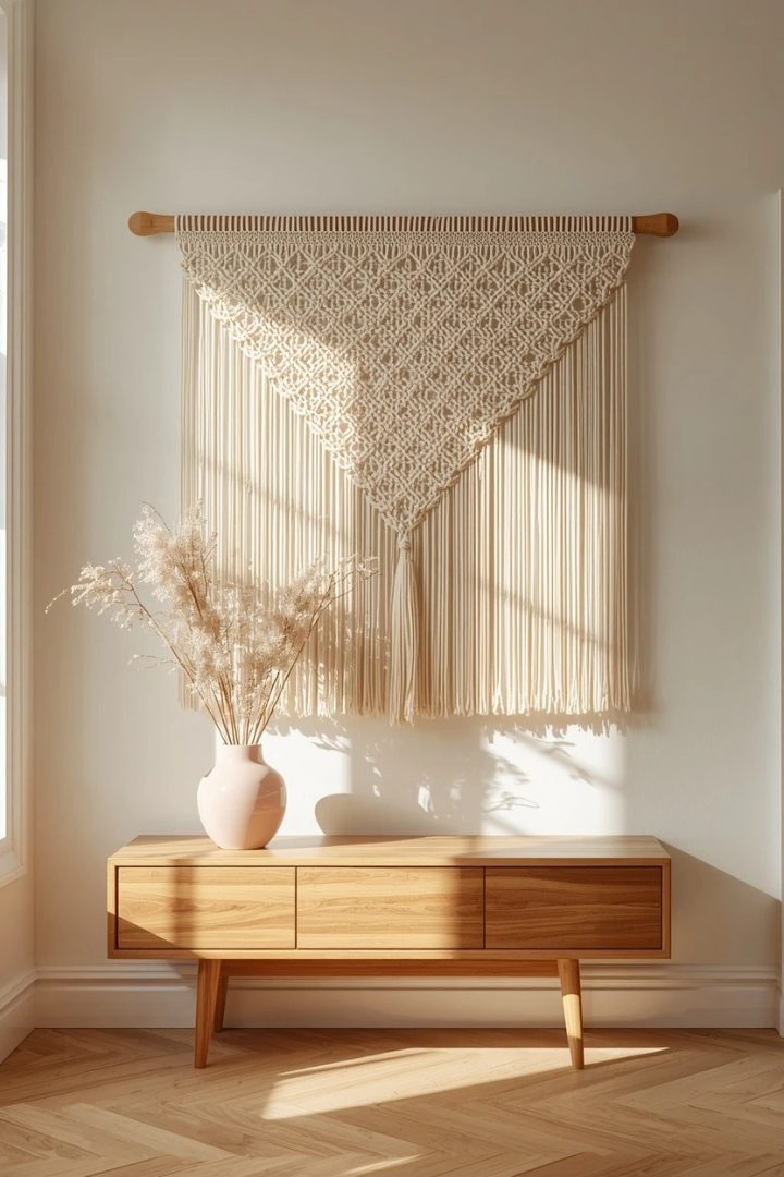 9. Add a cream macramé piece above a low console