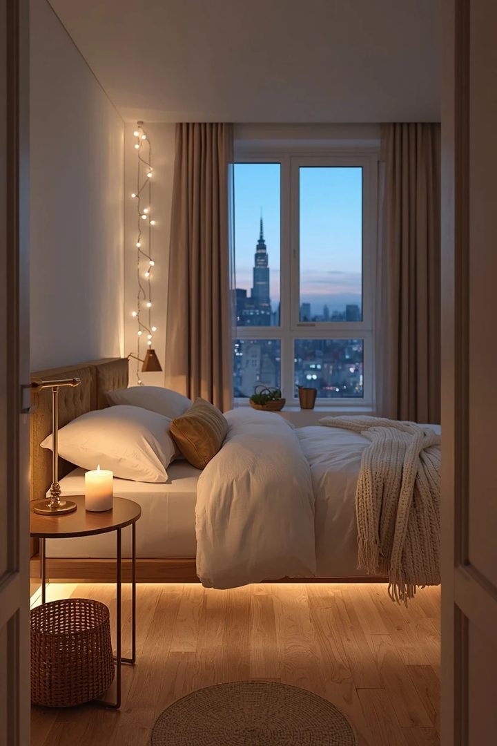 2. Anchor It With a Slim Brass Bed Frame