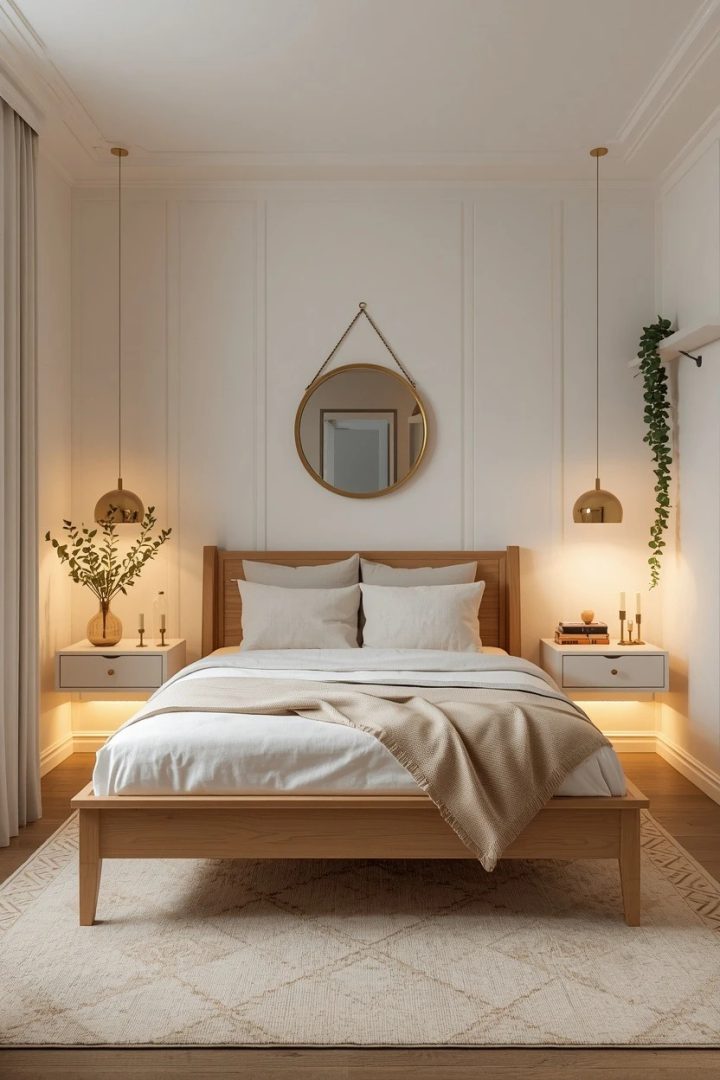 4. Hang Brass Pendants to Free Up the Nightstands
