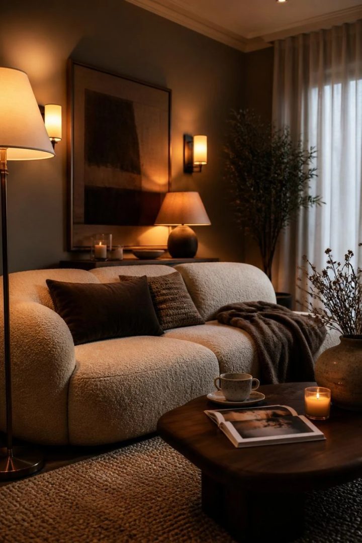 3. Try Lounge Interior Ideas with Warm Layered Lighting