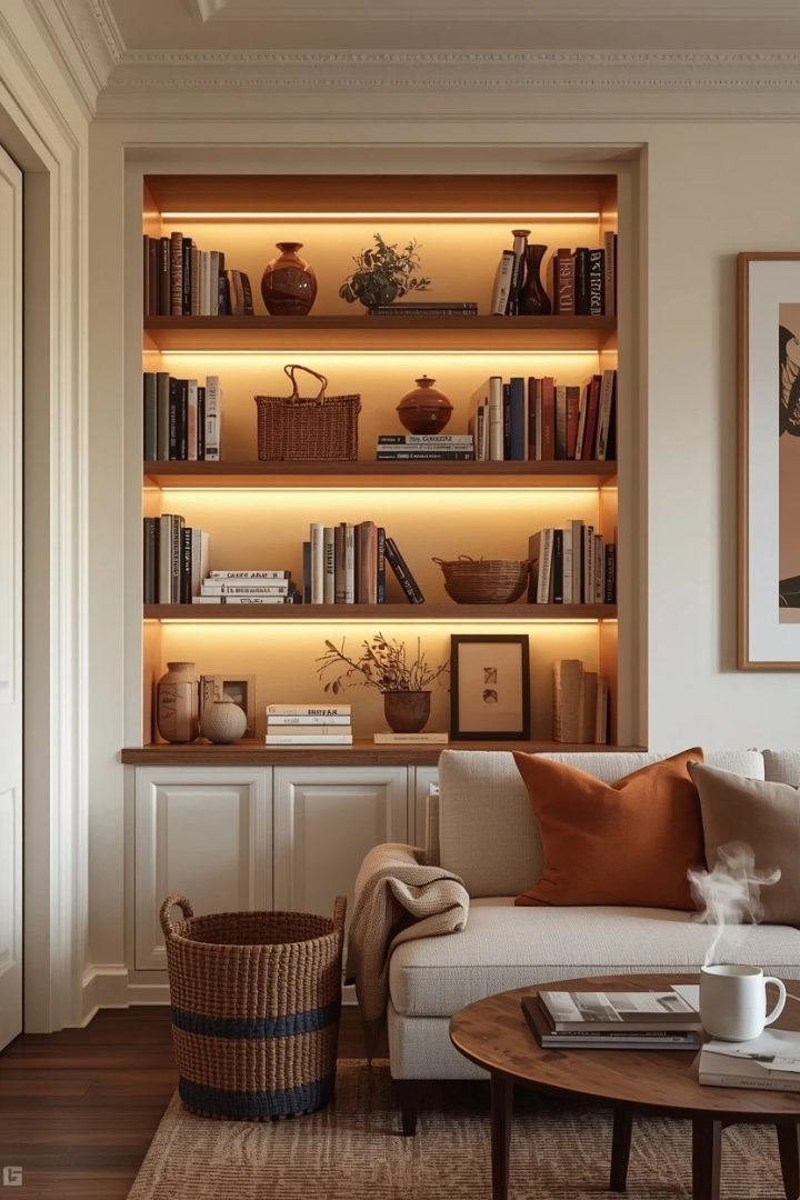 6. Use Built-In Shelves for a Collected Lounge Look