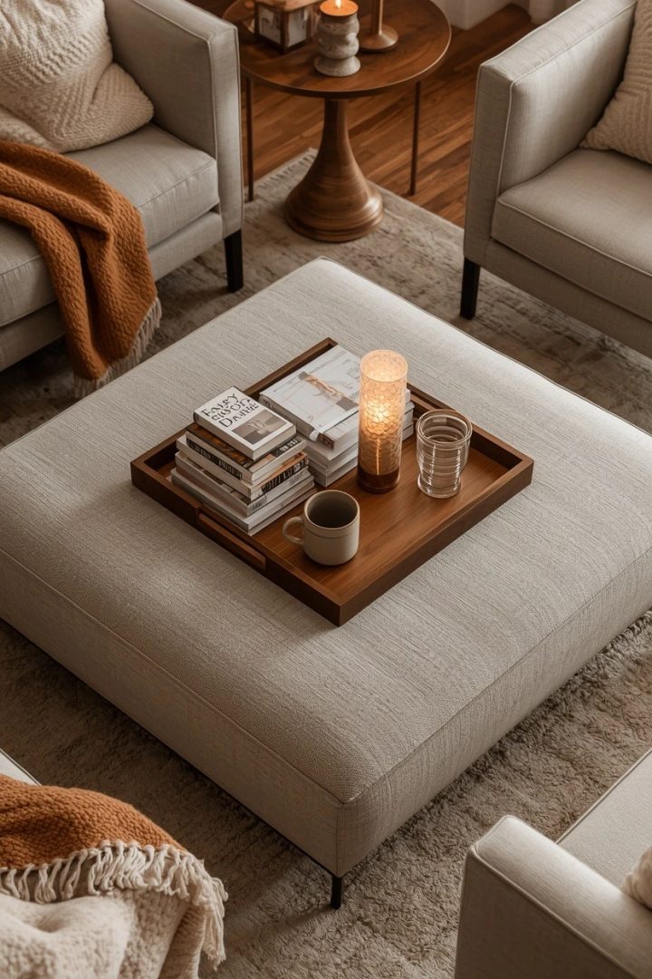 13. Add a Statement Ottoman Instead of a Standard Table