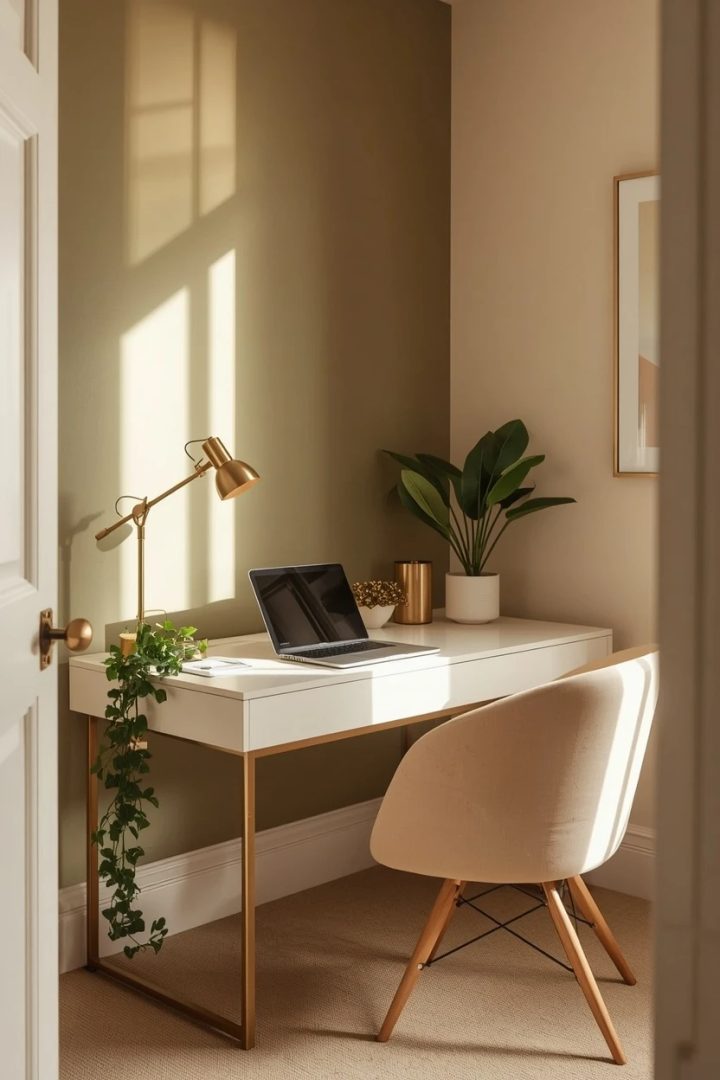 1. The Olive Accent Wall Behind a Cream Desk