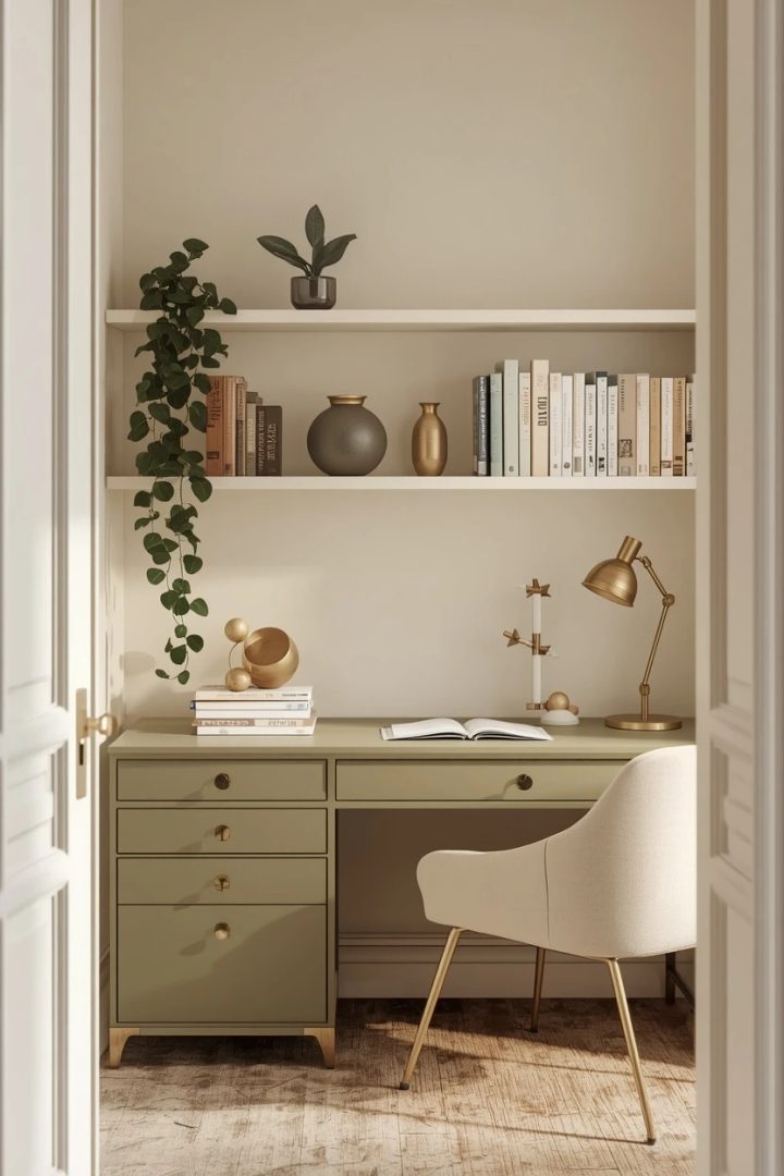 2. The Floating Cream Shelf Above an Olive Desk