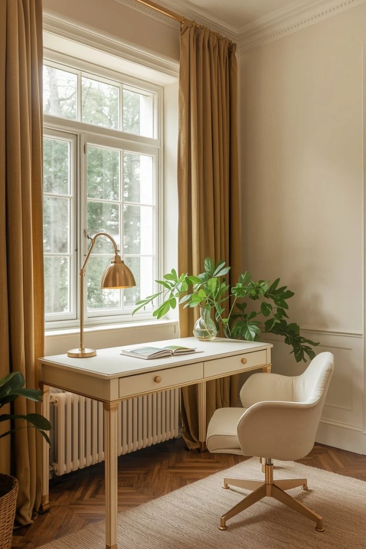 8. The Olive Curtains and Cream Desk Corner