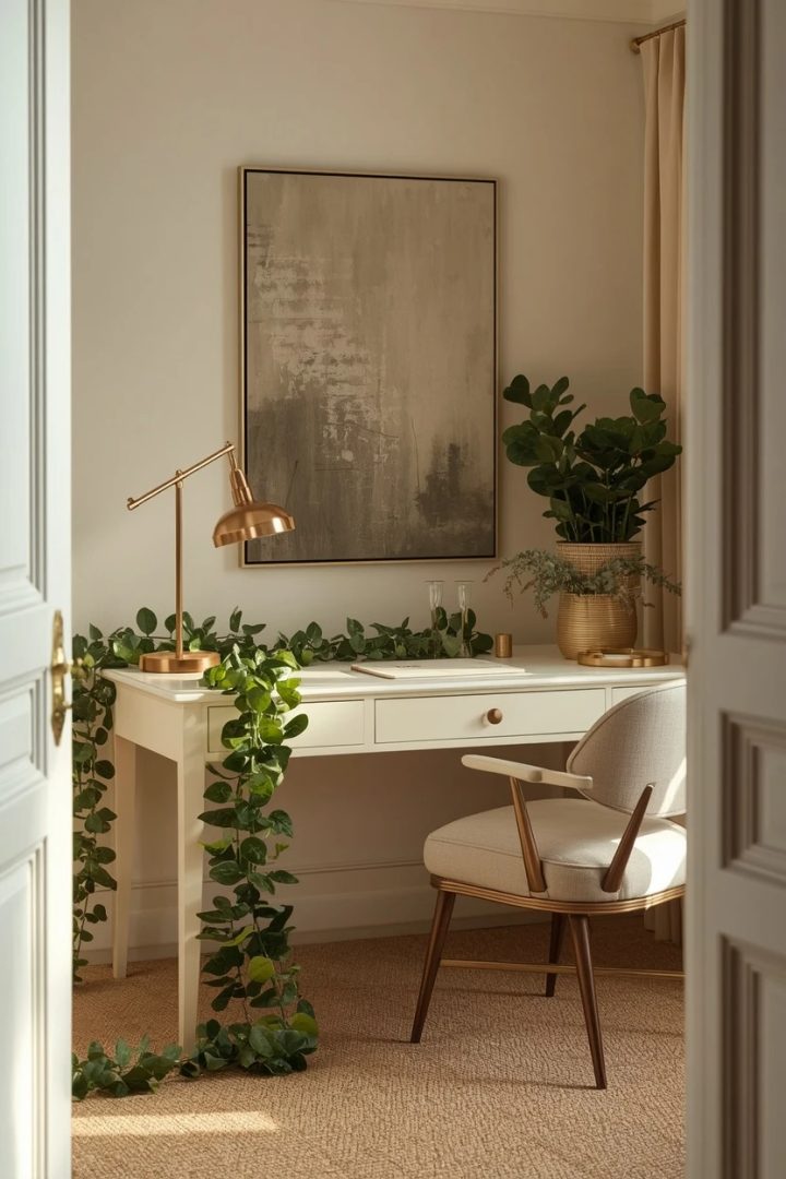 11. The Cream Desk With Olive Plant Styling
