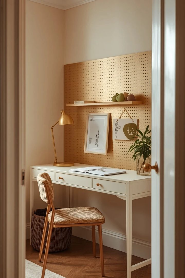 14. The Cream Desk With a Gold Pegboard