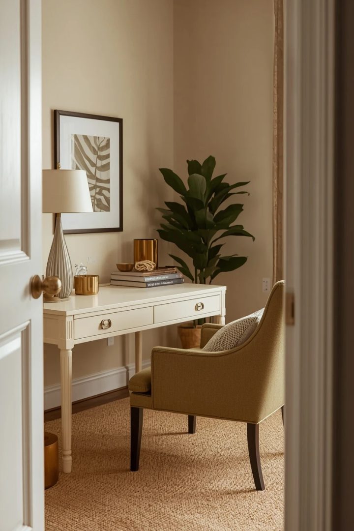 15. The Olive Accent Chair and Cream Desk