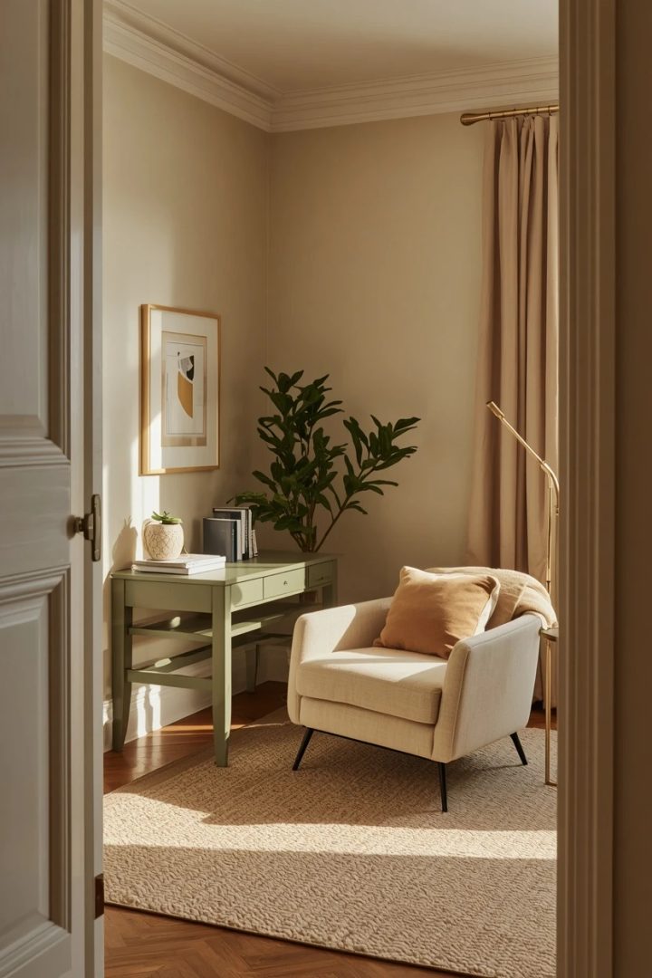 16. The Olive Desk With a Cream Reading Corner