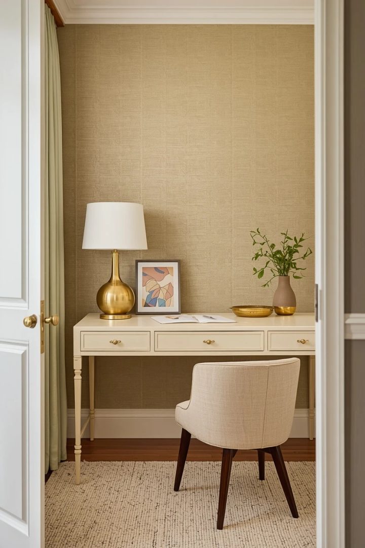 17. The Olive Wallpaper Feature Behind the Desk