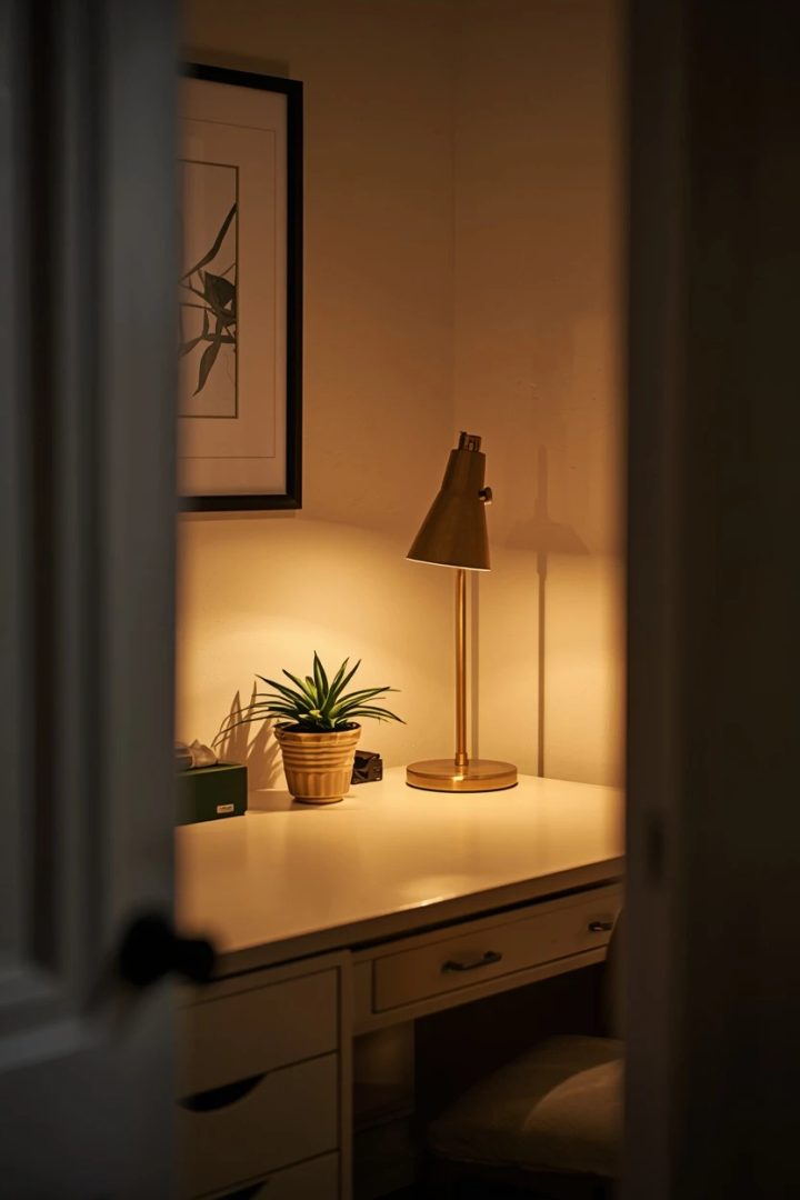 18. The Cream Desk With Layered Warm Lighting