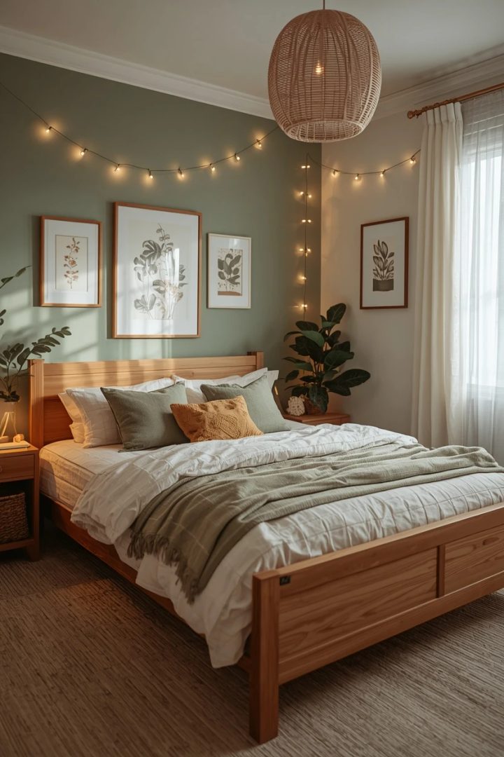 1. The Soft Green Accent Wall With a Wood Bed
