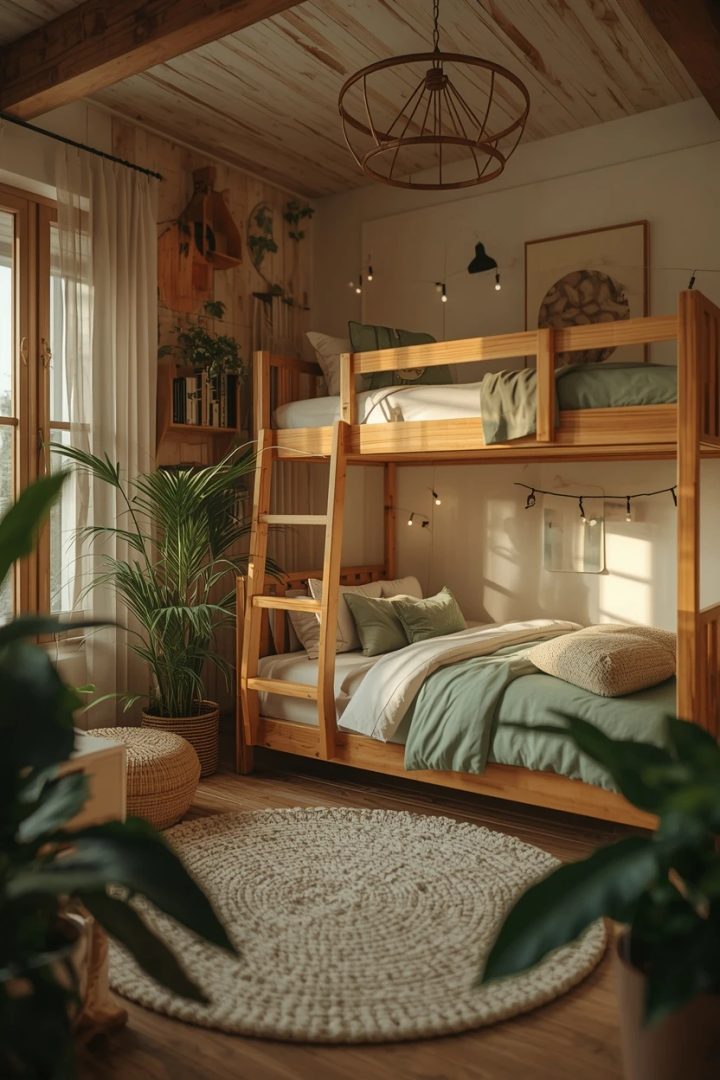 2. The Wood Bunk Beds With Green Bedding