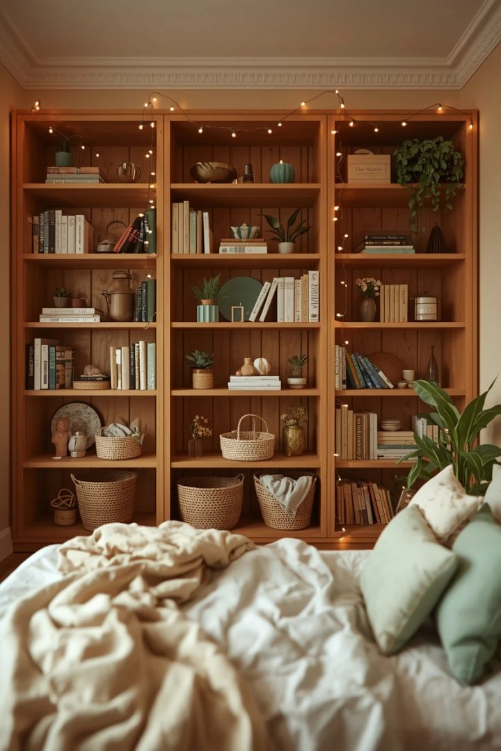 4. The Wood Bookshelf Wall With Green Accents