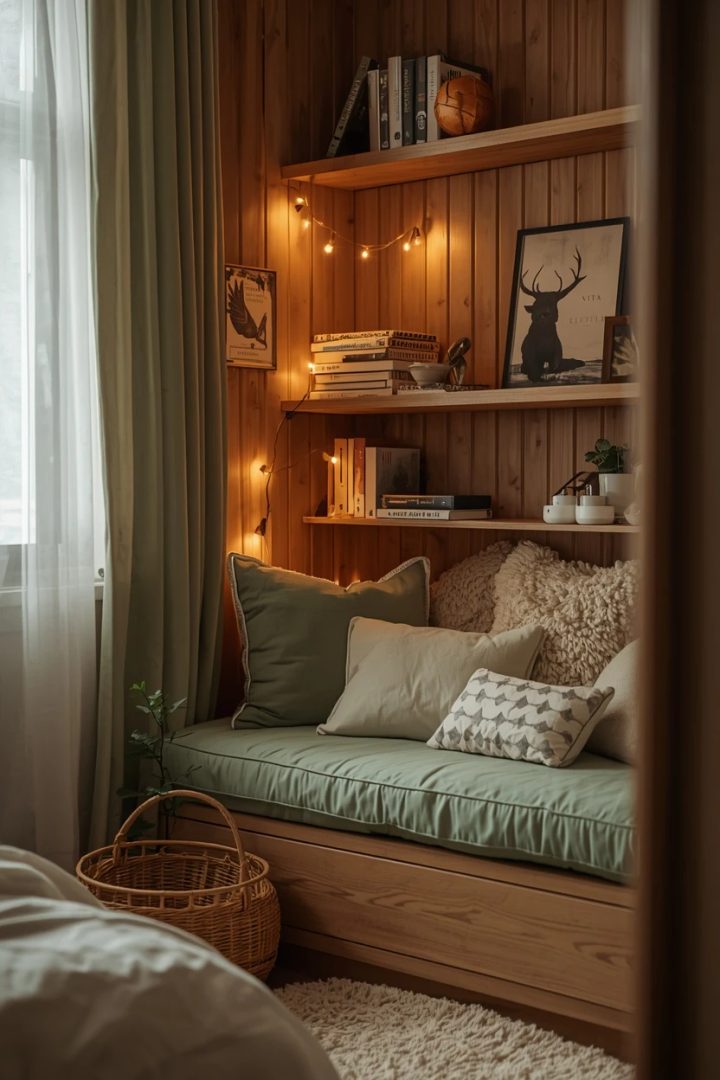 5. The Green and Wood Reading Nook