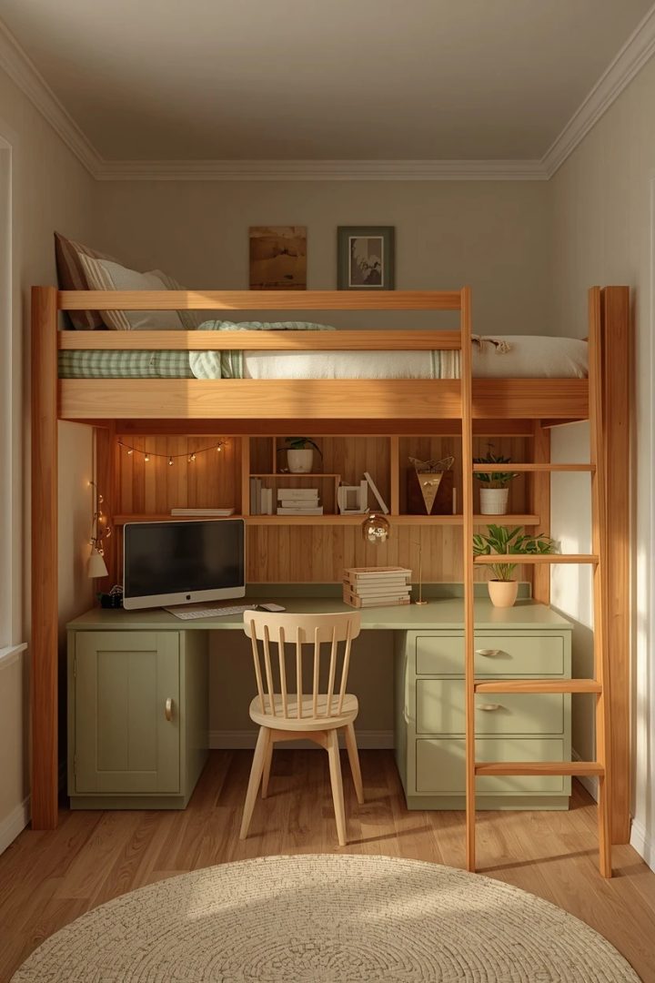 6. The Wood Loft Bed With a Green Desk Below