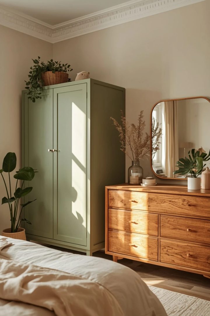 7. The Soft Green Wardrobe With a Wood Dresser