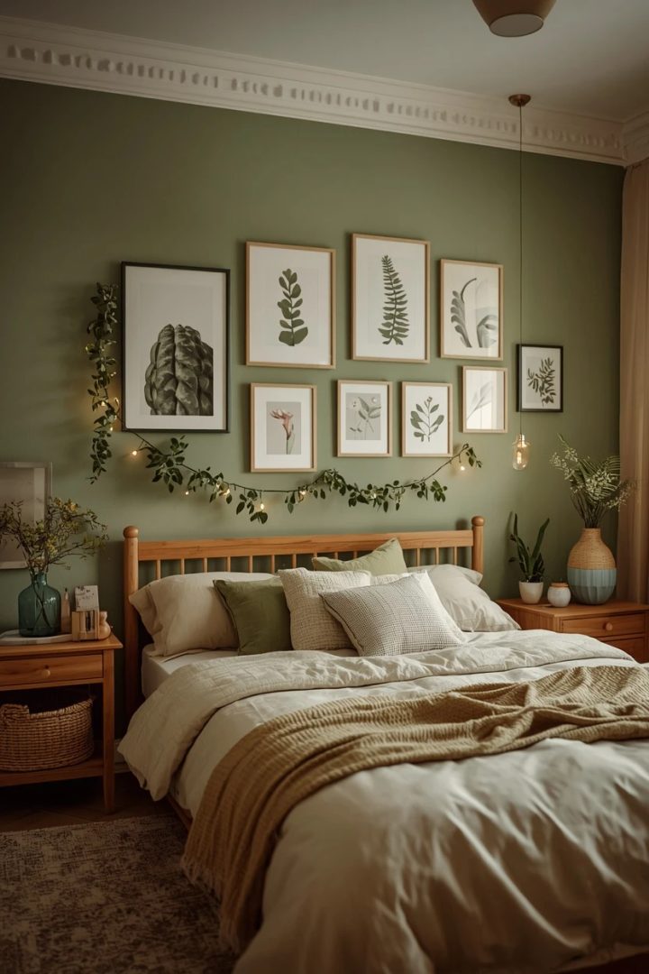 8. The Green Gallery Wall Above a Wood Bed