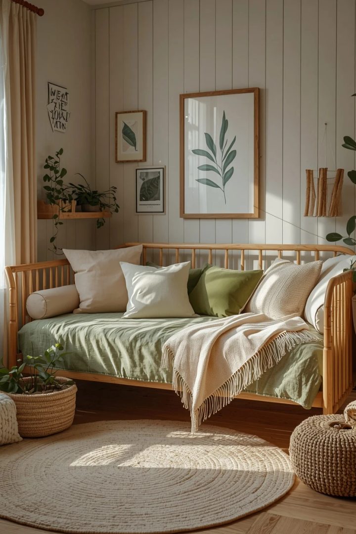 9. The Wood Daybed With Green Cushions
