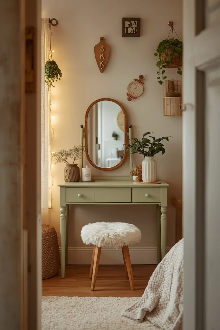 14. The Wood-Framed Mirror and Green Vanity