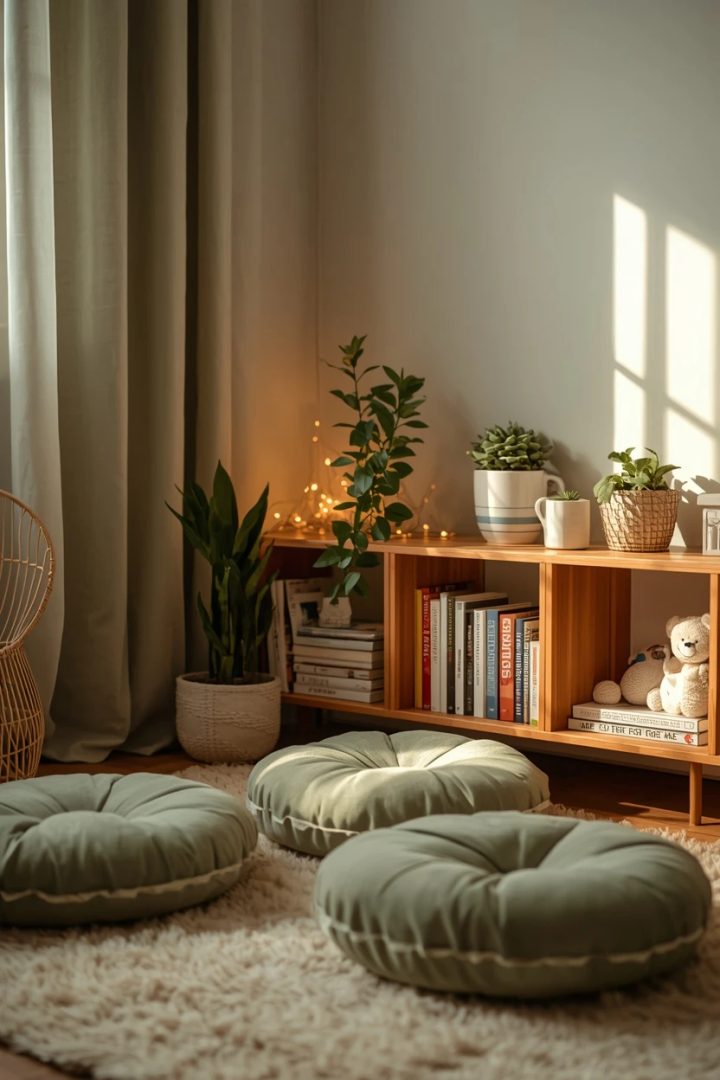 15. The Green Floor Cushions and Wood Shelf