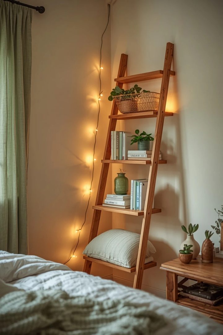 16. The Wood Ladder Shelf With Green Styling