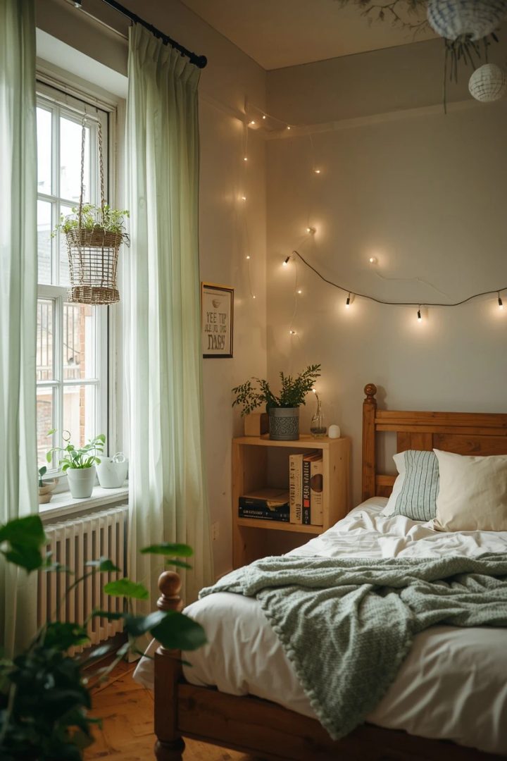 17. The Green Curtains and Wood Bed