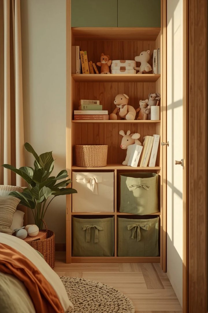 19. The Wood Toy Storage With Green Accents