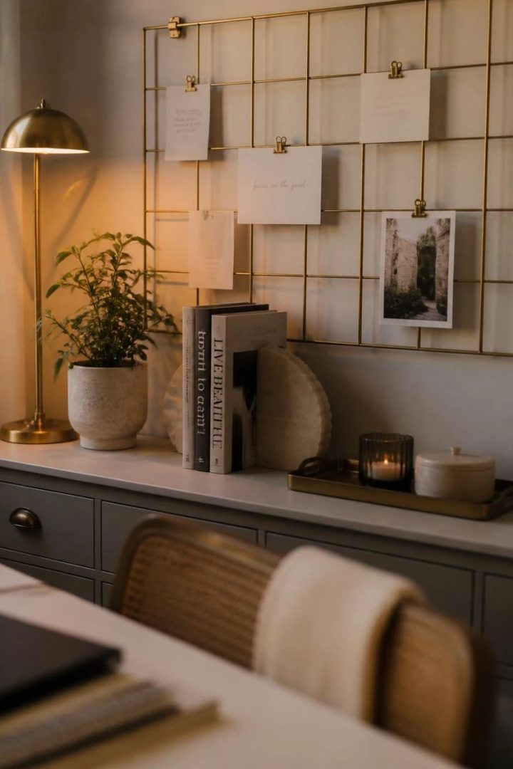 15. The Greige Shelf With a Brass Wall Grid