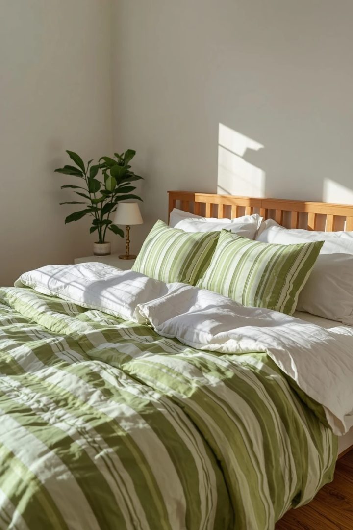 3. The Apple Green and White Striped Bedding
