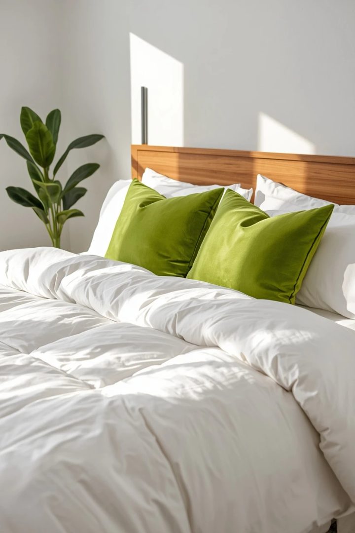 8. The White Quilt With Apple Green Velvet Pillows