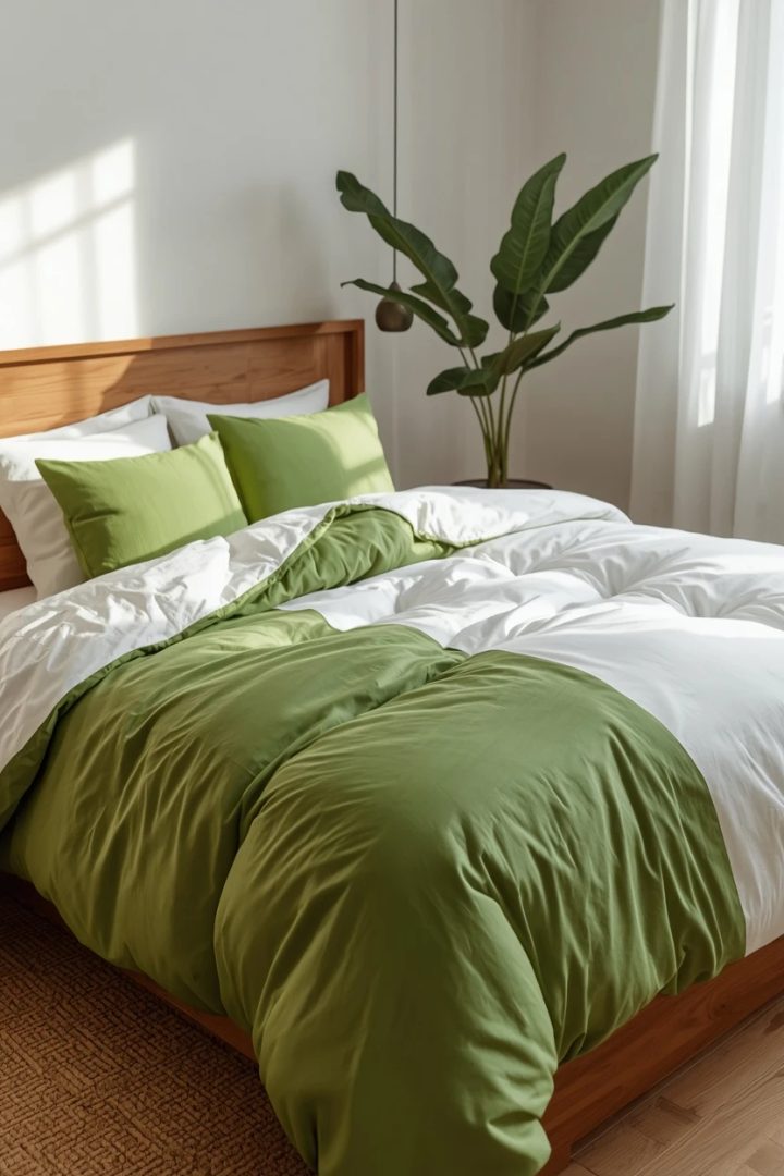 9. The Apple Green and White Color-Block Duvet