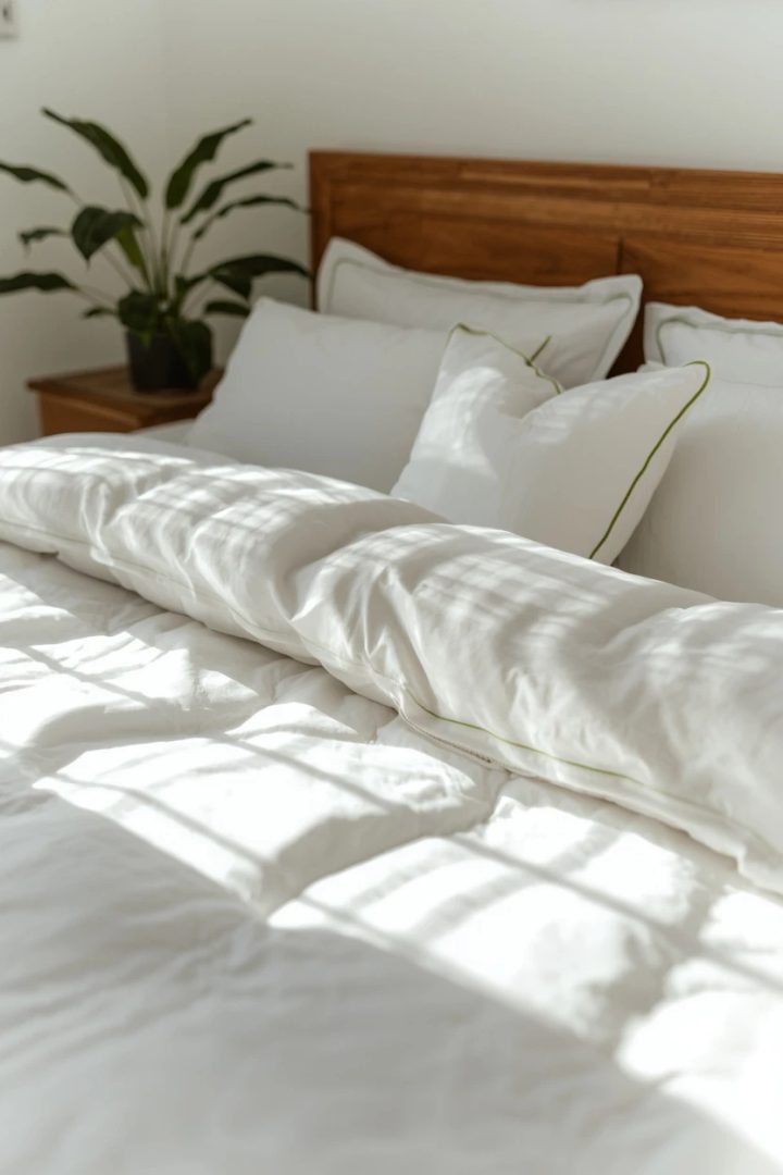 10. The Crisp White Bedding With Apple Green Piping