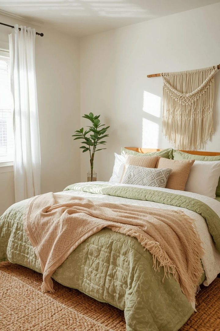 11. The Boho Apple Green and White Layered Bed