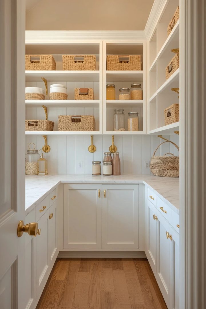 1. The Crisp White Shelves With Gold Hardware