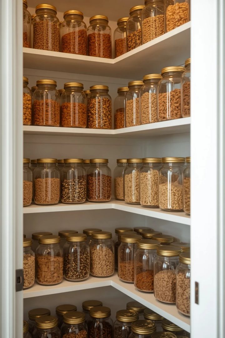 2. The Gold-Lidded Glass Jars on White Shelves
