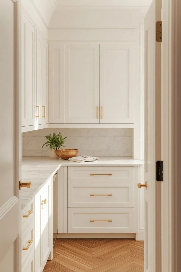 3. The White Cabinets With Gold Pulls