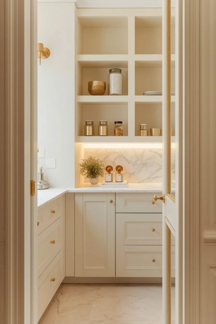 5. The White Marble and Gold Accent Pantry