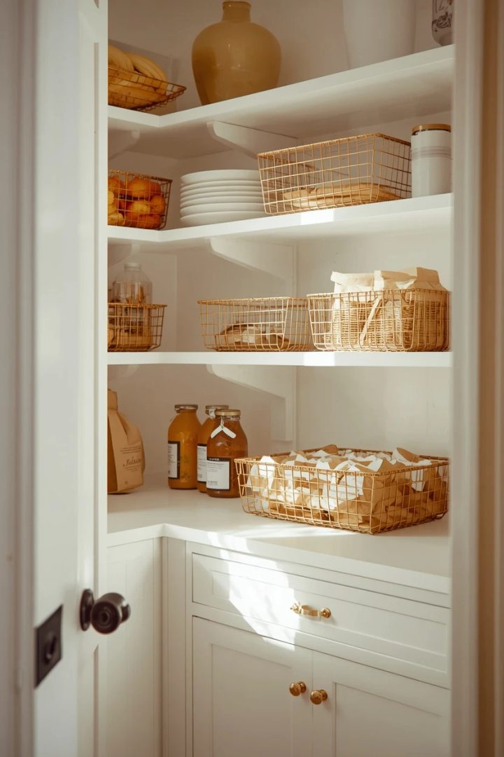 6. The Gold Wire Baskets on White Shelves