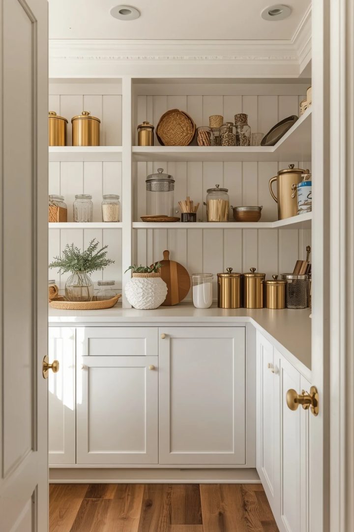 7. The White Open Shelving With Gold Canisters