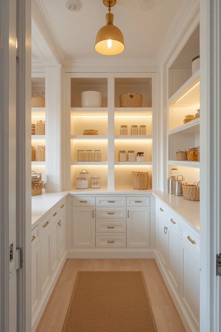 9. The White Pantry With Warm Gold Lighting