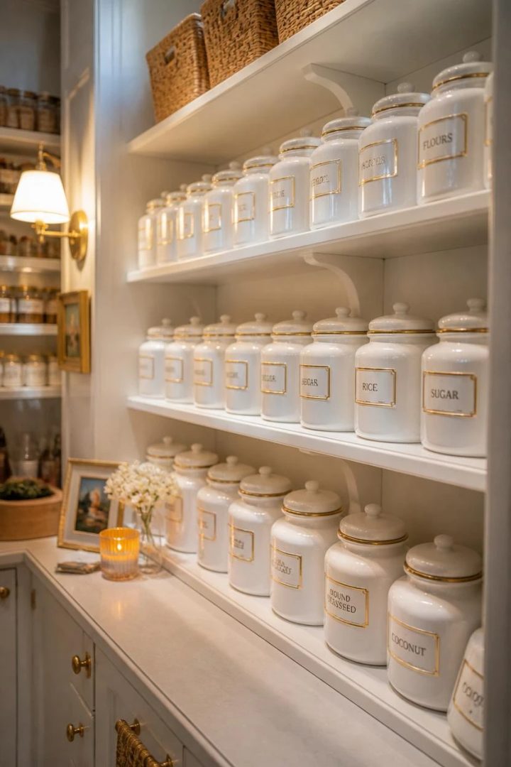 14. The Uniform White Jars With Gold-Trimmed Labels