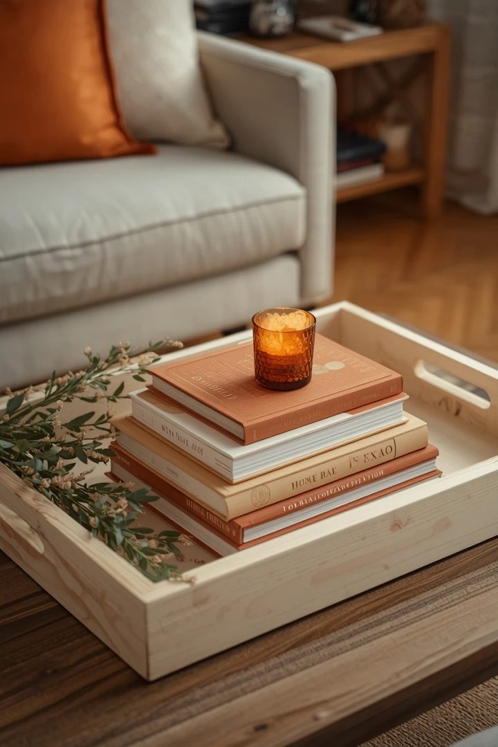 1. The Cream Tray With a Burnt Orange Book Stack