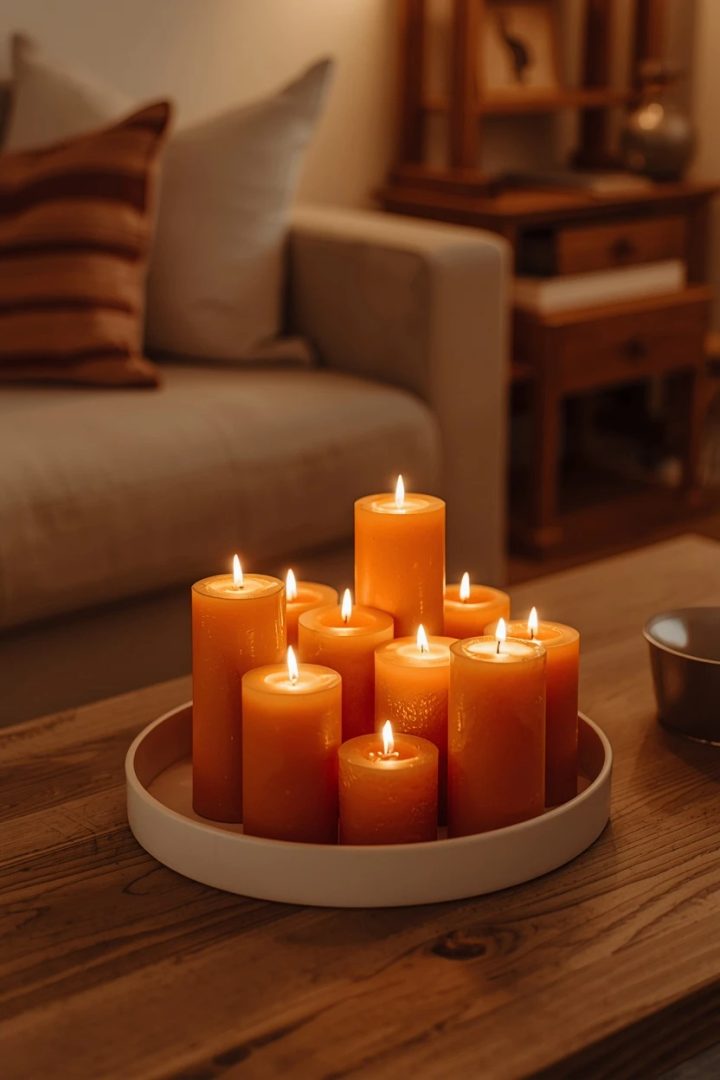 3. The Burnt Orange Candle Cluster on a Cream Tray