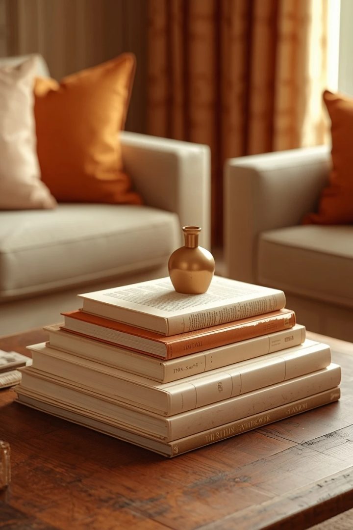 5. The Layered Cream and Orange Coffee Table Books